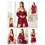 Kadın Bordo Saten Çeyiz Seti 6 Parça Dantelli Sabahlık Gecelik Pijama Şortlu Takım