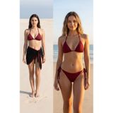 Kadın Bordo Siyah Pareolu Yandan Ve Boyundan Bağlamalı 3'Lü Bikini Takımı - Modern, Konforlu Ve Günl