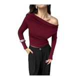 Kadın Bordo Uzun Kollu Düşük Omuz Bluz 30079