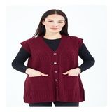 Kadın Bordo V Yaka Düğmeli Cepli Yün Anne Triko Yelek