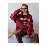 Kadın Bordo Vacation Joy Wake Baskılı Oversize Bisiklet Yaka Sweatshirt