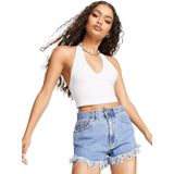 Kadın Boyun Askılı U Yaka Beyaz Crop Top Bluz (Beyaz, S)