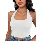 Kadın Boyun Askılı U Yaka Beyaz Renk Fitilli Crop Top Bluz (Beyaz, M)