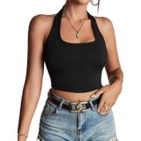 Kadın Boyun Askılı U Yaka Siyah Renk Fitilli Crop Top Bluz (Siyah, S)