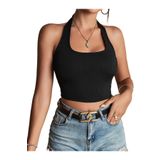 Kadın Boyun Askılı U Yaka Siyah Renk Fitilli Crop Top Bluz