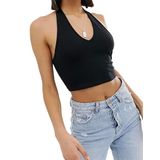 Kadın Boyun Omzu Açık Askılı V Yaka Siyah Crop Top Bluz (Siyah, L)