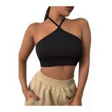 Kadın Boyundan Bağlamalı Siyah Renk Crop Top Bluz