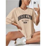 Kadın Brooklyn Baskılı Oversize Salaş Beyaz T-Shirt Ünisex Boyfirend - M - Bej