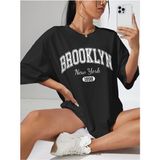 Kadın Brooklyn Baskılı Oversize Salaş Beyaz T-Shirt Ünisex Boyfirend - Siyah - 2XL