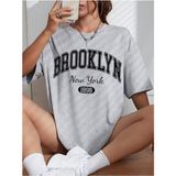 Kadın Brooklyn Baskılı Oversize Salaş Beyaz T-Shirt Ünisex Boyfirend - XL - Gri