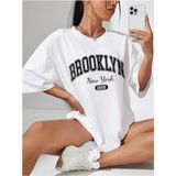 Kadın Brooklyn Baskılı Oversize Salaş Beyaz T-Shirt Ünisex Boyfirend