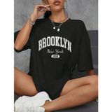 Kadın Brooklyn Baskılı Tişört Kısa Kol Bisiklet Yaka Oversize T-Shirt - Siyah