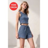 Kadın Bürümcük Basic Askılı Crop Kısa Şort Alt Üst Şortlu Takım - Mavi