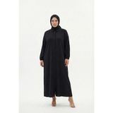 Kadın Bürümcük Kumaş Boydan Düğmeli Tesettüre Uygun Uzun Elbise-Siyah-5XL