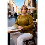 Kadın Büyük Beden Bluz Kayık Yaka Uzun İspanyol Kol Dokulu Örme Fitted Kalıp Crop Kesim Şık