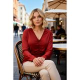 Kadın Büyük Beden Bluz V Yaka Uzun Kol Örme Kumaş Büzgülü Sandy Dokuma Crop Kesim Rahat Kalıp