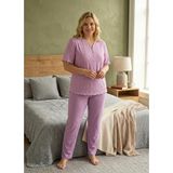 Kadın Büyük Beden Desenli Dantel Detaylı Bambu Kısa Kollu Pijama Takımı (Açık Lila, 4XL)