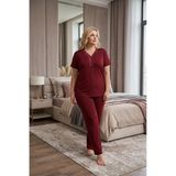 Kadın Büyük Beden Desenli Dantel Detaylı Bambu Kısa Kollu Pijama Takımı (Bordo, 6XL)