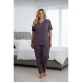Kadın Büyük Beden Desenli Dantel Detaylı Bambu Kısa Kollu Pijama Takımı (Füme, 3XL)