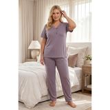 Kadın Büyük Beden Desenli Dantel Detaylı Bambu Kısa Kollu Pijama Takımı (Lila-2, 5XL)