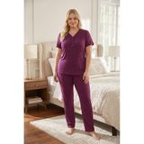 Kadın Büyük Beden Desenli Dantel Detaylı Bambu Kısa Kollu Pijama Takımı (Mürdüm, 5XL)