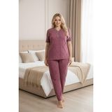 Kadın Büyük Beden Desenli Dantel Detaylı Bambu Kısa Kollu Pijama Takımı (Pudra, 6XL)