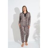 Kadın Büyük Beden Desenli Uzun Kollu Bambu Pijama Takımı (Kahverengi, 4XL)