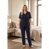 Kadın Büyük Beden Desenli Yakası Dantelli Düğmeli Kısa Kollu Bambu Pijama Takımı - 5XL - Lacivert