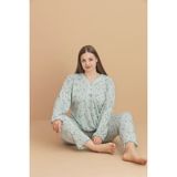 Kadın Büyük Beden Desenli Yakası Düğmeli Uzun Kollu Bambu Pijama Takımı - Mint Yeşil - 4XL