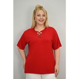 Kadın Büyük Beden Kısa Kollu Yakası Biye Detaylı Bluz 1970-25 - XL - Kırmızı