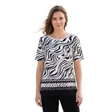 Kadın Büyük Beden Likralı Kayık Yaka Omuz Garnili Zebra Desenli Kısa Kollu Anne Tişört Penye Bluz