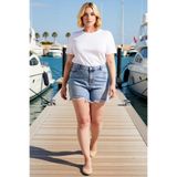 Kadın Büyük Beden Mini Şort Yüksek Bel Lastikli Yırtıklı Denim Non Stretch Düz Boru Paça