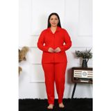 Kadın Büyük Beden Pamuklu Cepli Düğmeli Kırmızı Pijama Takım