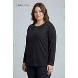 Kadın Büyük Beden Papatya Bahçesi Desen Yaka Işlemeli, Taşlı Anne Penye Bluz, Battal Boy - 2XL - Siyah