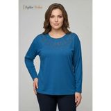Kadın Büyük Beden Papatya Bahçesi Desen Yaka Işlemeli, Taşlı Anne Penye Bluz, Battal Boy - 3XL - Petrol
