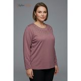 Kadın Büyük Beden Papatya Bahçesi Desen Yaka Işlemeli, Taşlı Anne Penye Bluz, Battal Boy - 4XL - Gül Kurusu