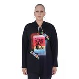 Kadın Büyük Beden Siyah Kapüşonlu Sloganlı Sweatshirt
