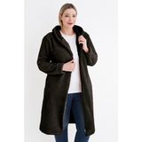Kadın Büyük Beden Uzun Kollu Cepli Kapüşonlü Peluş Uzun Hırka - XL - Siyah