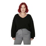 Kadın Büyük Beden V Yaka Kalın Triko Kazak Düz Akrilik Selanik Dokuma Kışlık Şık Seçim Kaliteli -Siyah-2XL
