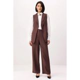 Kadın Büyük Beden V Yaka Kolsuz Yelek Pantolon Takımı Belde Kemer Detaylı Dokuma Rahat Günlük Modern