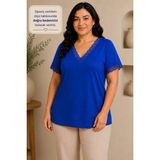 Kadın Büyük Beden Yaka Kol Dantelli V Yaka Bluz - 3XL - Saks Mavisi
