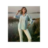 Kadın Buz Mavi Salaş Spor Gömlek / Truvakar Kol / Cepli /%100 Koton Flamlı Keten Kumaş 700-3619275