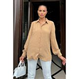 Kadın Camel Dokulu Kumaş, Uzun, Balon Kollu, Rahat Kesim, Pamuklu Gömlek - 36