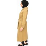 Kadın Camel Kemerli Uzun Kap - Şık Düğmeli Tesettür Dış Giyim - 44
