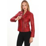 Kadın Çapraz Çift Fermuarlı Hakiki Deri Mont - 3XL - Kırmızı