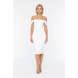 Kadın Carmen Yaka Kolsuz Bodycon Midi Kokteyl Elbisesi Korse Detaylı Dokuma Astarlı Günlük Rahat