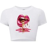 Kadın Casu Lip Dudak Baskılı Crop T-Shirt Beyaz
