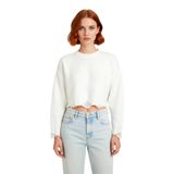 Kadın Casual Crop Oversize Bisiklet Yaka Triko Kazak Düşük Kol Akıtma Detaylı Konforlu Şık -Ekru-M