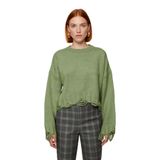 Kadın Casual Crop Oversize Bisiklet Yaka Triko Kazak Düşük Kol Akıtma Detaylı Konforlu Şık -Haki-L