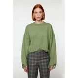 Kadın Casual Crop Oversize Bisiklet Yaka Triko Kazak Düşük Kol Akıtma Detaylı Konforlu Şık -Haki-S